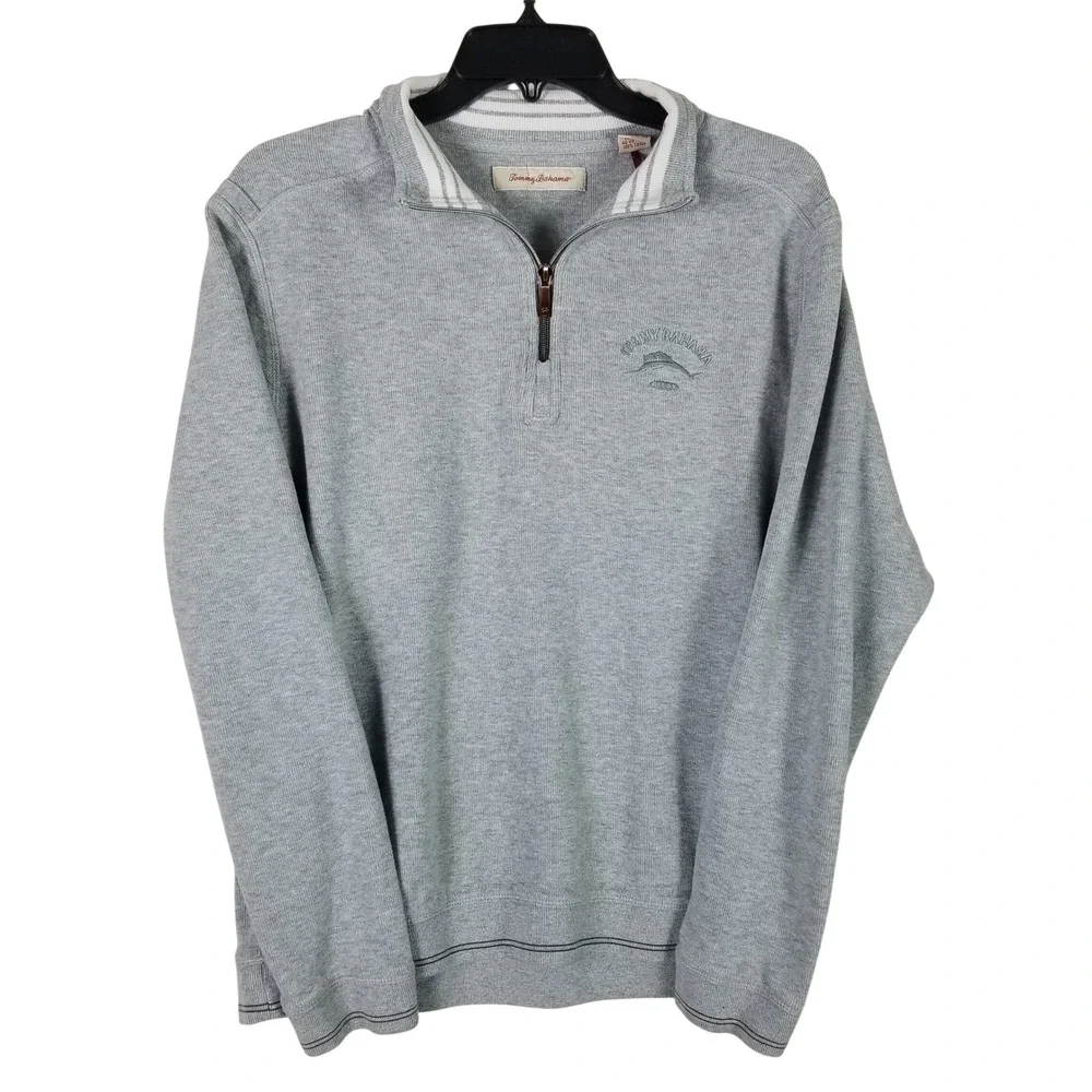 Tommy Bahama Quarter Zip Pullover Men Medium Gray Cotton Embroidered Logo 139